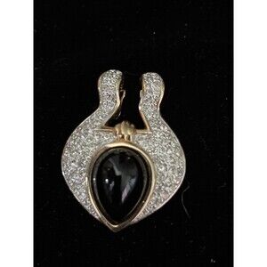 Vintage Signed Panetta Black Cabochon Rhinestone Gold Tone Enhancer Pendant